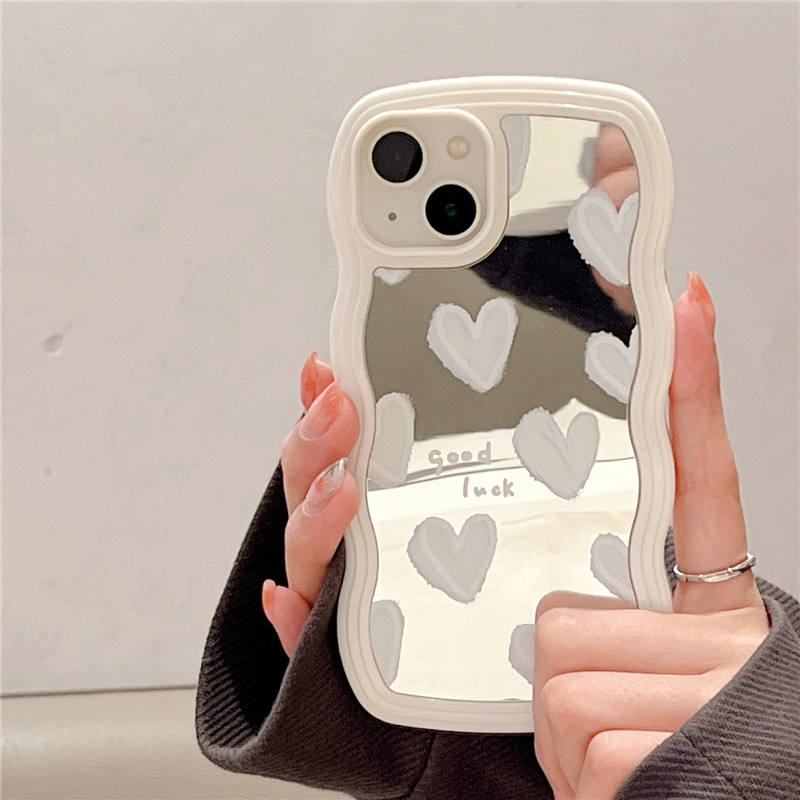 Funda coreana con espejo de maquillaje de corazón blanco encantador para iPhone 14 15 16 Pro Max 13 11 12 14 Plus XS X XR cubierta suave a prueba de golpes
