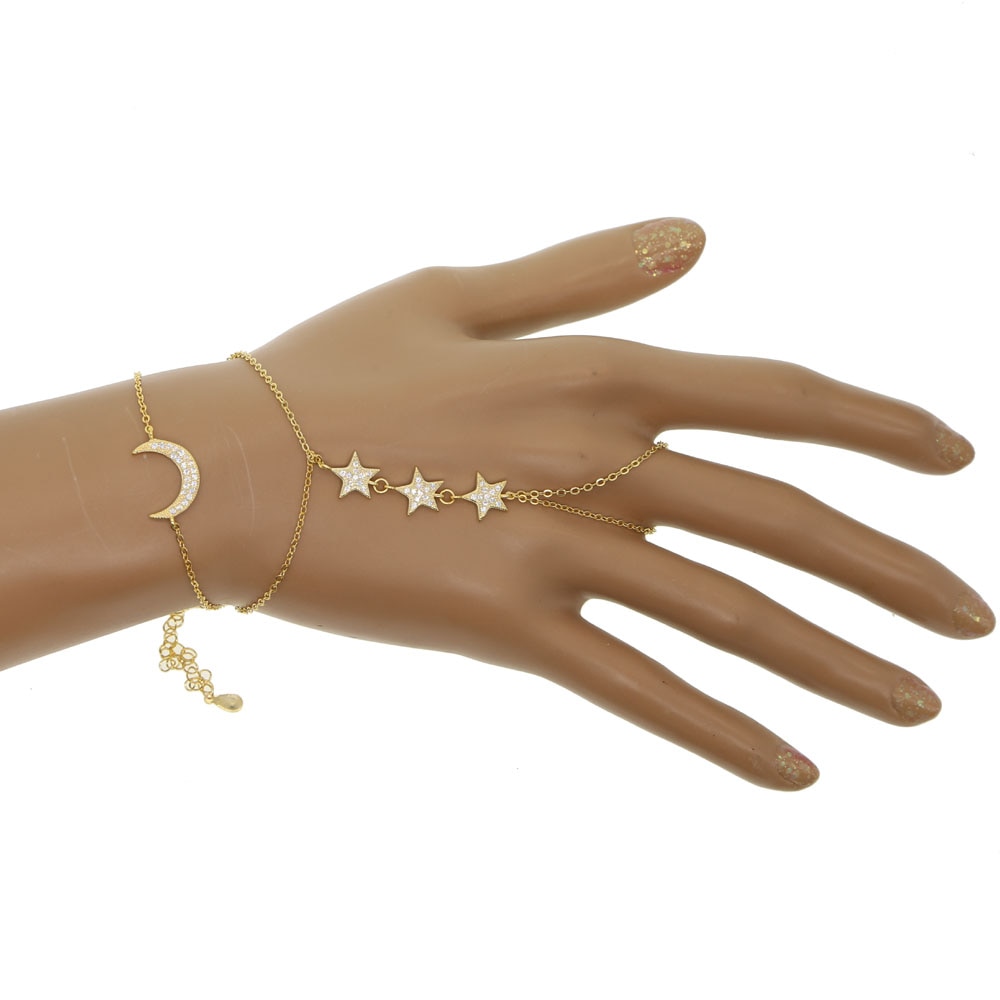 Trendy cz Crystal Stars moon Slave Chain Bracelet for lady Finger Hand Adjustable gold Chain real 925 fine silver delicate