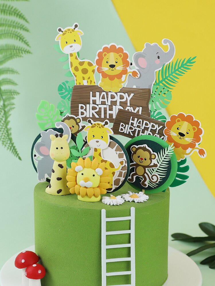 Jungle Animals Cactus Cake Toppers Happy Birthday Decorations For Children's Day Boy Girl Party Baking Sweet LoveGifts Supplies