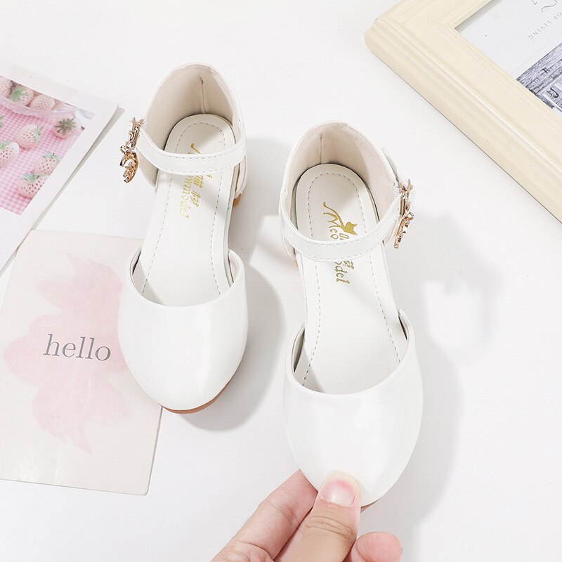 Zapatos de cuero para niñas, calzado de princesa de tacón alto blanco, zapatos de vestir para estudiantes y bebés, novedad, 02