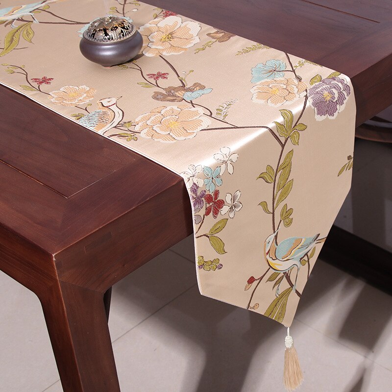 Chinese Style Magpie and Flowers Table Runner Bird Treetop Embroidery Table Flag Decoration for Party Wedding with Tassels: Beige