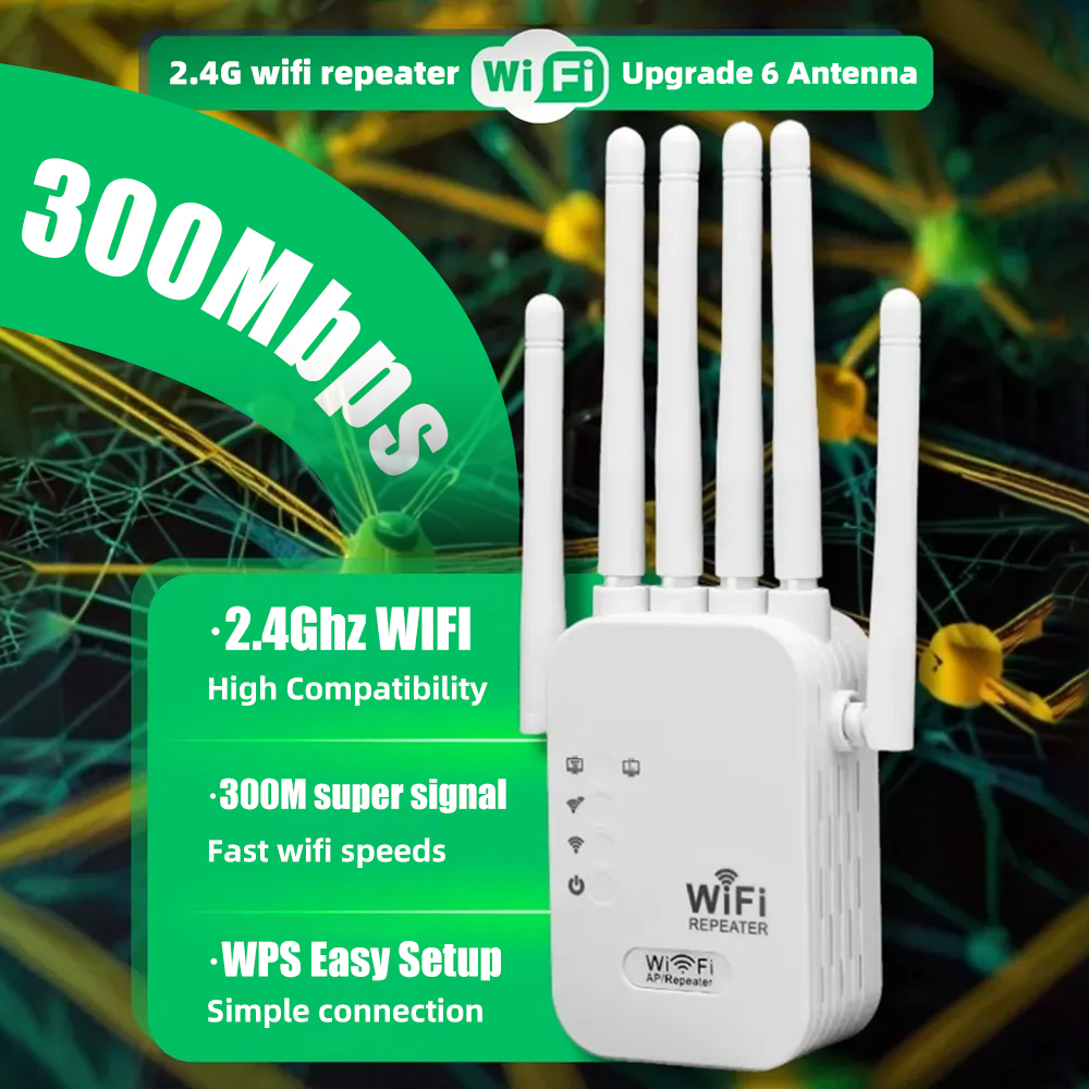 WiFi Extender 300Mbps, 2.4Ghz, With 4 Antennas, 360° Full Coverage for 35+ Devices, Ethernet Port & 1-Tap Setup - Boost Signal