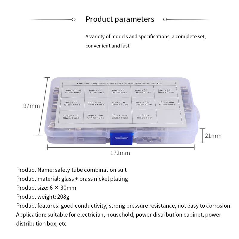 130pcs 13 sizes Quick Blow Glass Tube Fuse Assorted Kit 6x30mm 250V Fast-blow Glass Tube Fuses kit with 10pc Fuses Seat