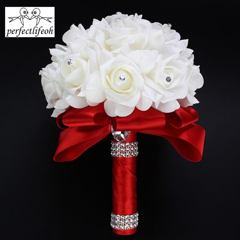 Bukiety ślubne białe kwiaty ślubne akcesoria bukiet dostawy sztuczne Buque De Noiva różowy panny młodej bukiet kwiatów: Czerwony