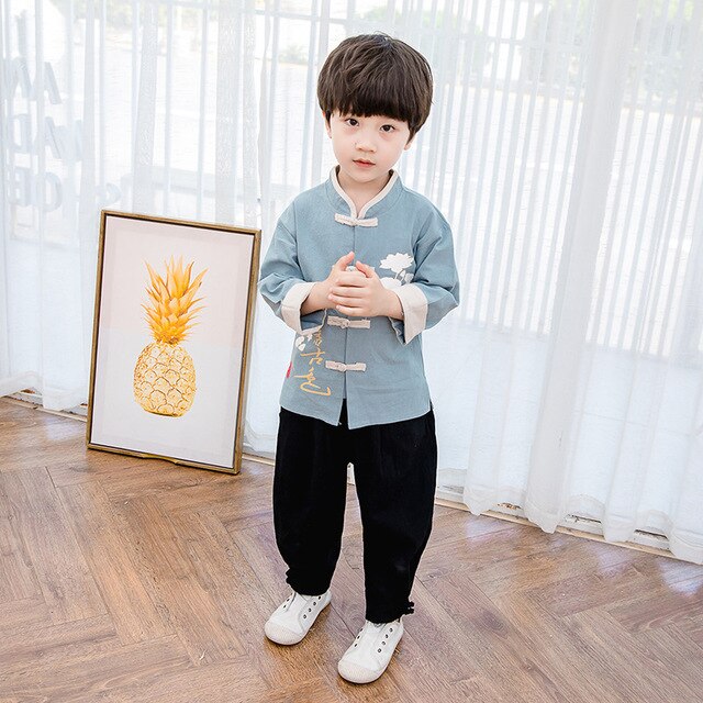 Hanfu pojkar kung fu kinesisk skjorta barn bruce lee traditionella kinesiska kläder för pojkar orientalisk kinesisk topp: Ljusblå / M 120