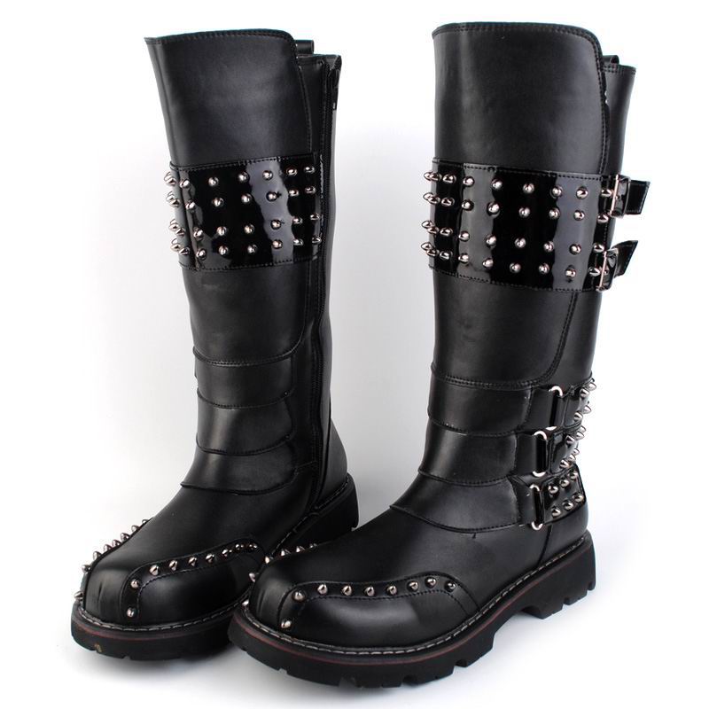 Luxe Mens Black Motorlaarzen Army Training Antieke Cosplay Klinknagels Charm Punk Straat Casual Riding Botas Gesp