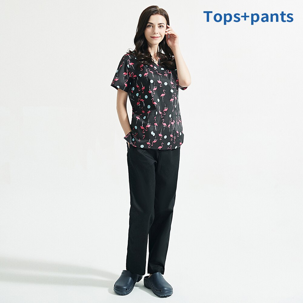 Beautician suits Short-sleeve beauty salon work suit woman print Scrubs Tops/pant costume women V-neck scrubs uniforms: tops pants / XXL