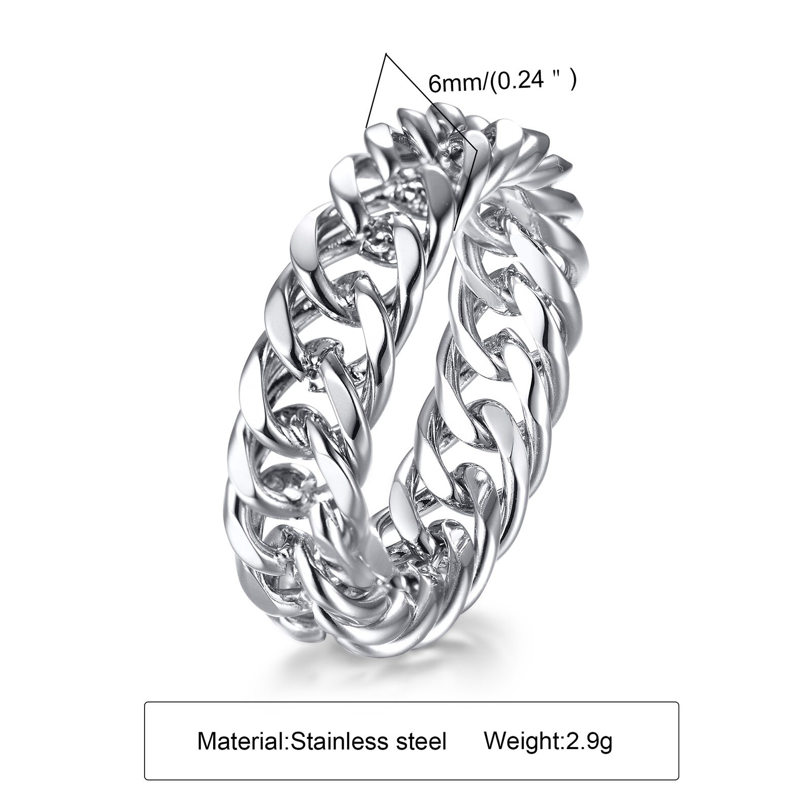 Anillo LINK para hombre, anillo de cadena Miami de acero inoxidable, pendientes gruesos de amistad cubana para hombres y mujeres, joyería de banda: 7 / Blanco