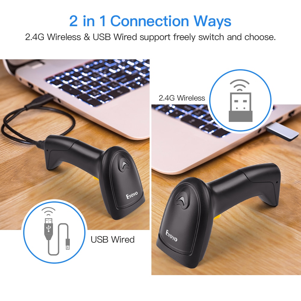 Eyoyo 1D Barcode Scanner 2,4G Drahtlose Bild Scanner 2-in-1 mit USB Empfänger Arbeiten mit PC POS Multi Sprachen Scanner