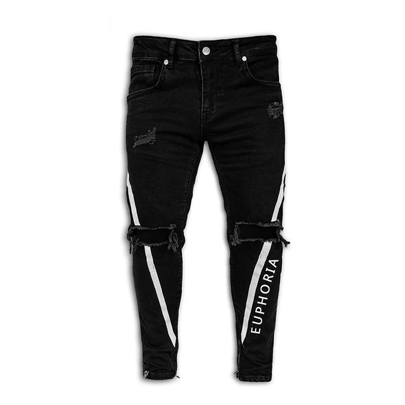 jeans strappati sexy scava fuori uomo moda lettera stampa ginocchio foro nappa jeans attillati strappati Homme pantaloni da jogging casuale in denim
