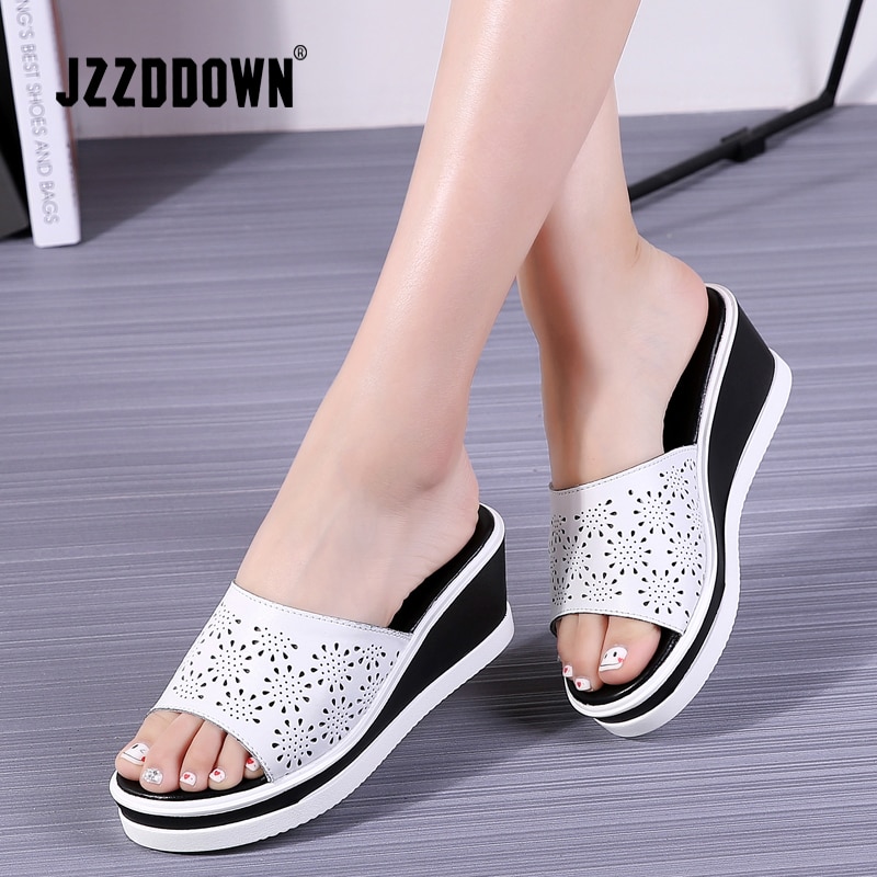 Jzzddown kvinder læder sko slip on strand sandaler hjemmesko damer kork kile sandaler kvindelige platform sandaler sko kvinde sommer