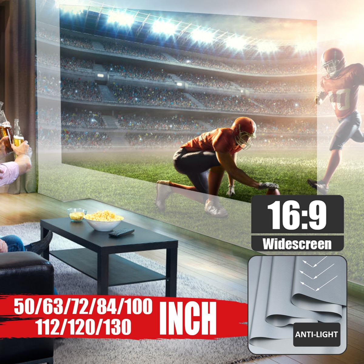 16:9 Portable Foldable Anti-light Projector Screen 3D Home Cinema HD 1080P Projection Screen 50/60/63/72/84/100/112/120/130 Inch