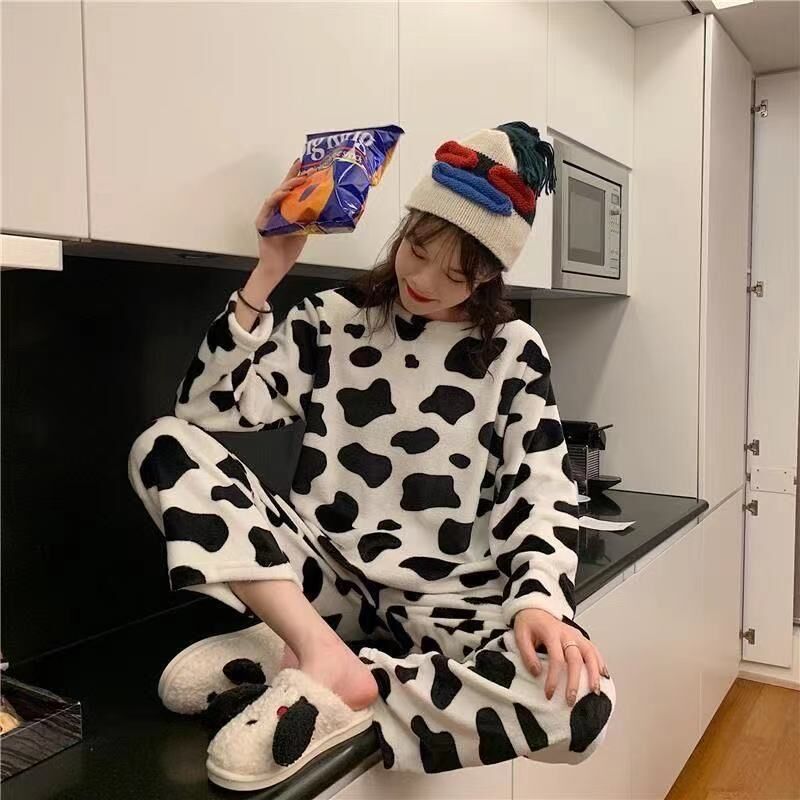 QWEEK Cow Print Pajamas for Women Velvet Pijama Kawaii Sleepwear Female Set Woman 2 Piece Pyjamas Long Sleeve Loungewear Suit