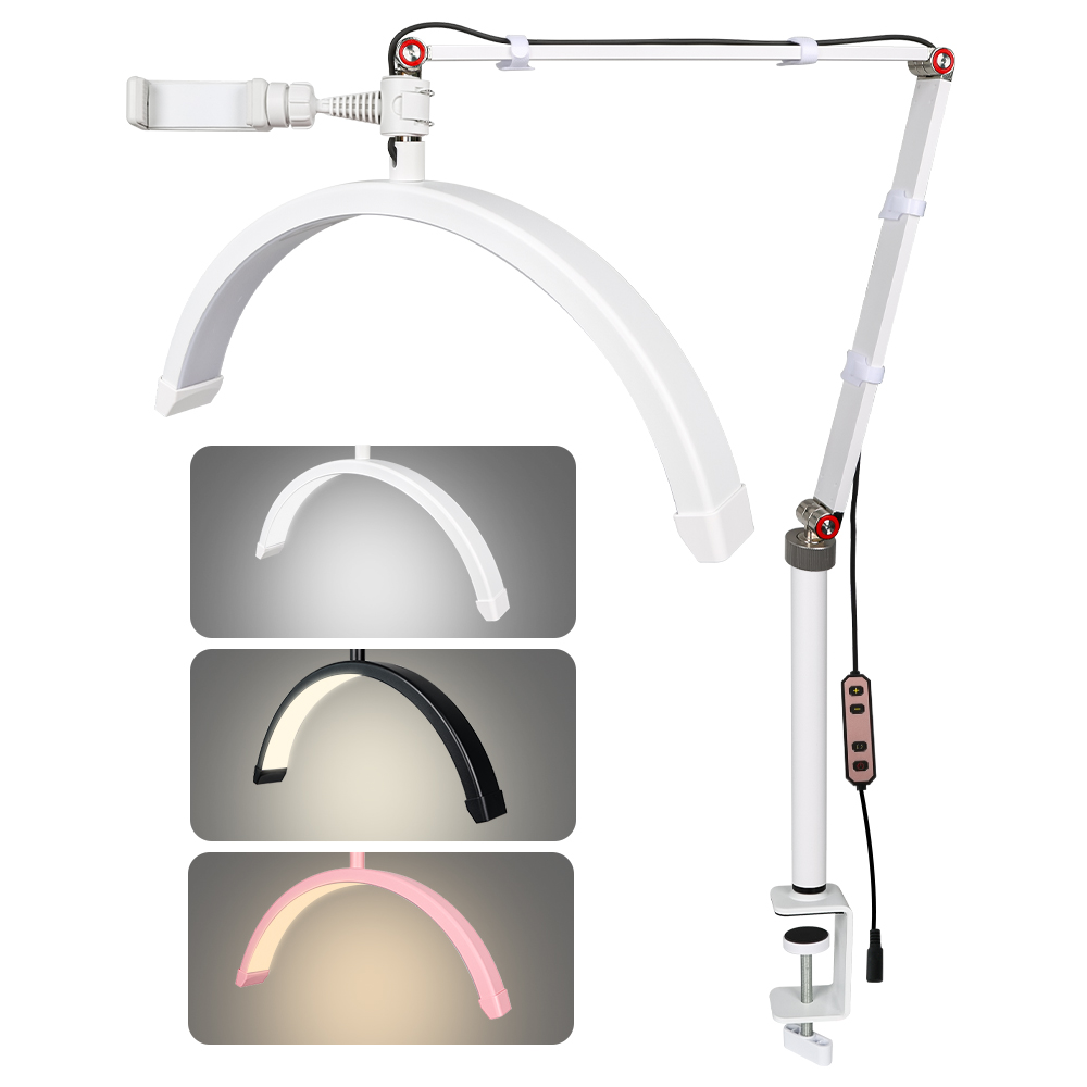 Halve maanlicht 16 inch wimperlicht met telefoonhouder LED-bureaulamp met klem dimbaar 3 lichtmodi Lash Tech licht voor nagel