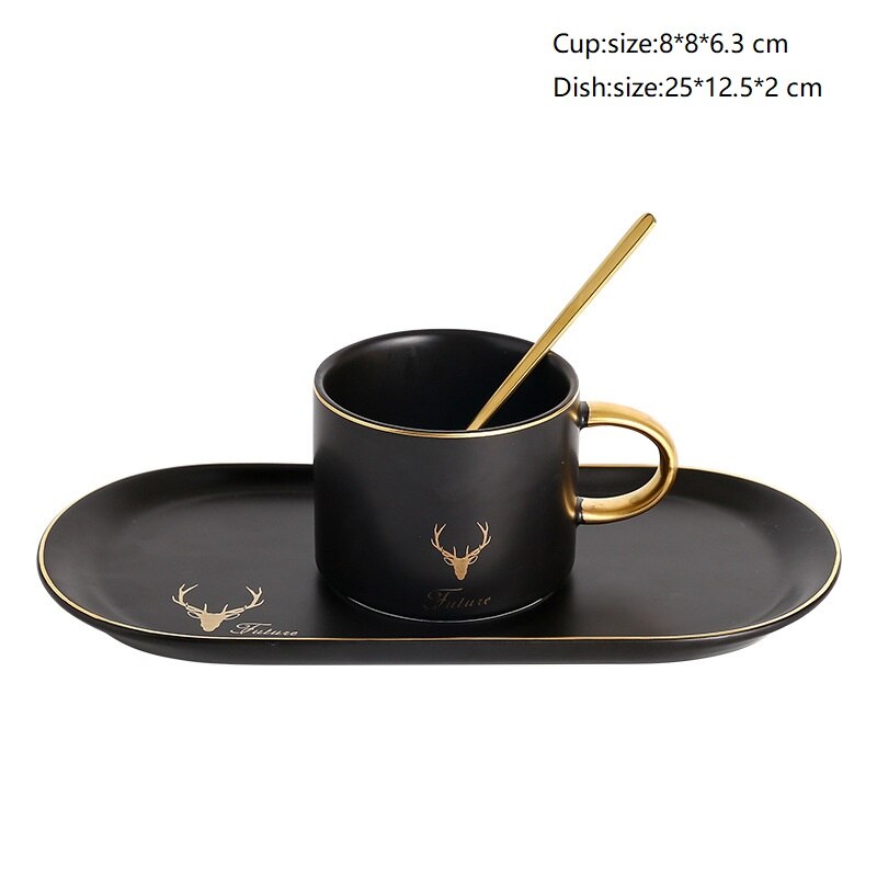 Gold Rand Kaffee Tasse Untertasse Löffel einstellen Keramik Frühstück Milch Tassen Tee Soja Milch Frühstück Becher nordisch Nachtisch Platte Luxus: A-Schwarz