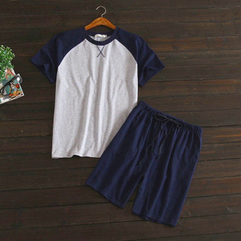 Ropa de dormir para hombre, Camisa de algodón, pantalones cortos, 2 unid/set, conjunto de pijamas casuales, ropa de casa para hombre de gran tamaño, Top Color sólido, Manga corta P