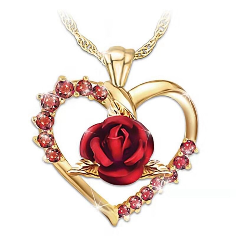 Love Heart Red Rose Pendant Necklace Women Girl Lady Gold Color Necklace Choker Jewelry For Valentine's Day