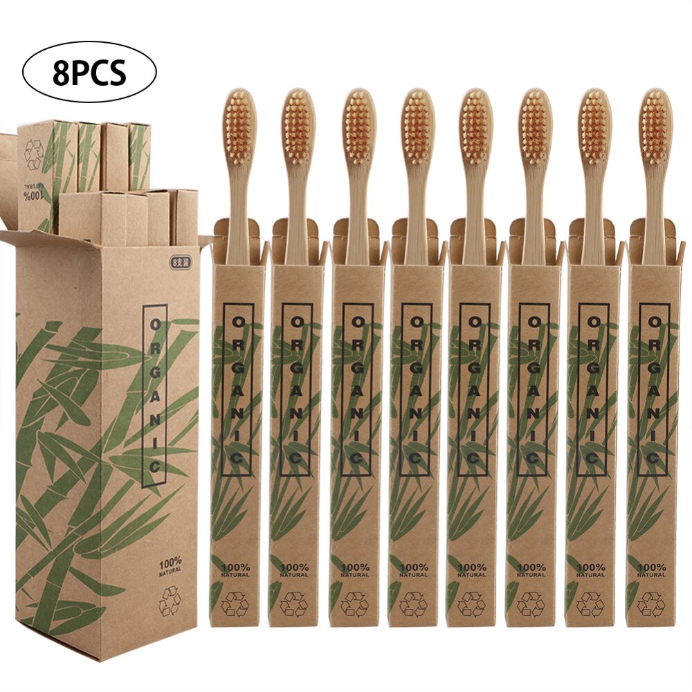 8pcs Eco-friendly Travel Bamboo Toothbrushes Soft Bristle Oral Care Tooth Brush: Beige