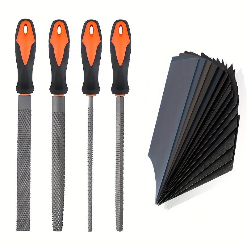 Lima de madera, escofina 4 piezas, juego de limas de madera, escofina de madera, 24 piezas de papel de lija, escofinas de madera para carpintería, limas de carpintería, redondas, semi-ros