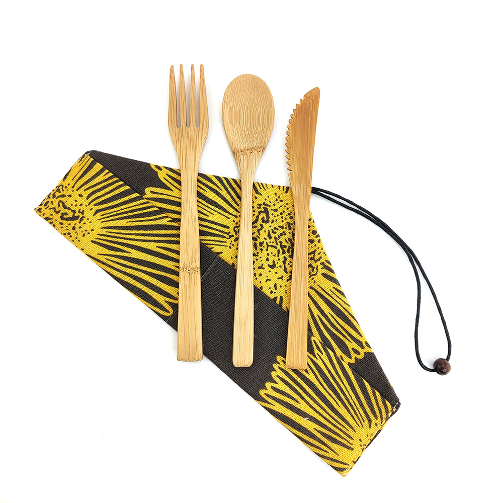 Eco Friendly Bamboo Cutlery Set of Wooden Utensils with Reusable Bamboo Spoon, Fork, Knife,and Reusable Straw Cleaner For Travel: 1250-3E-1