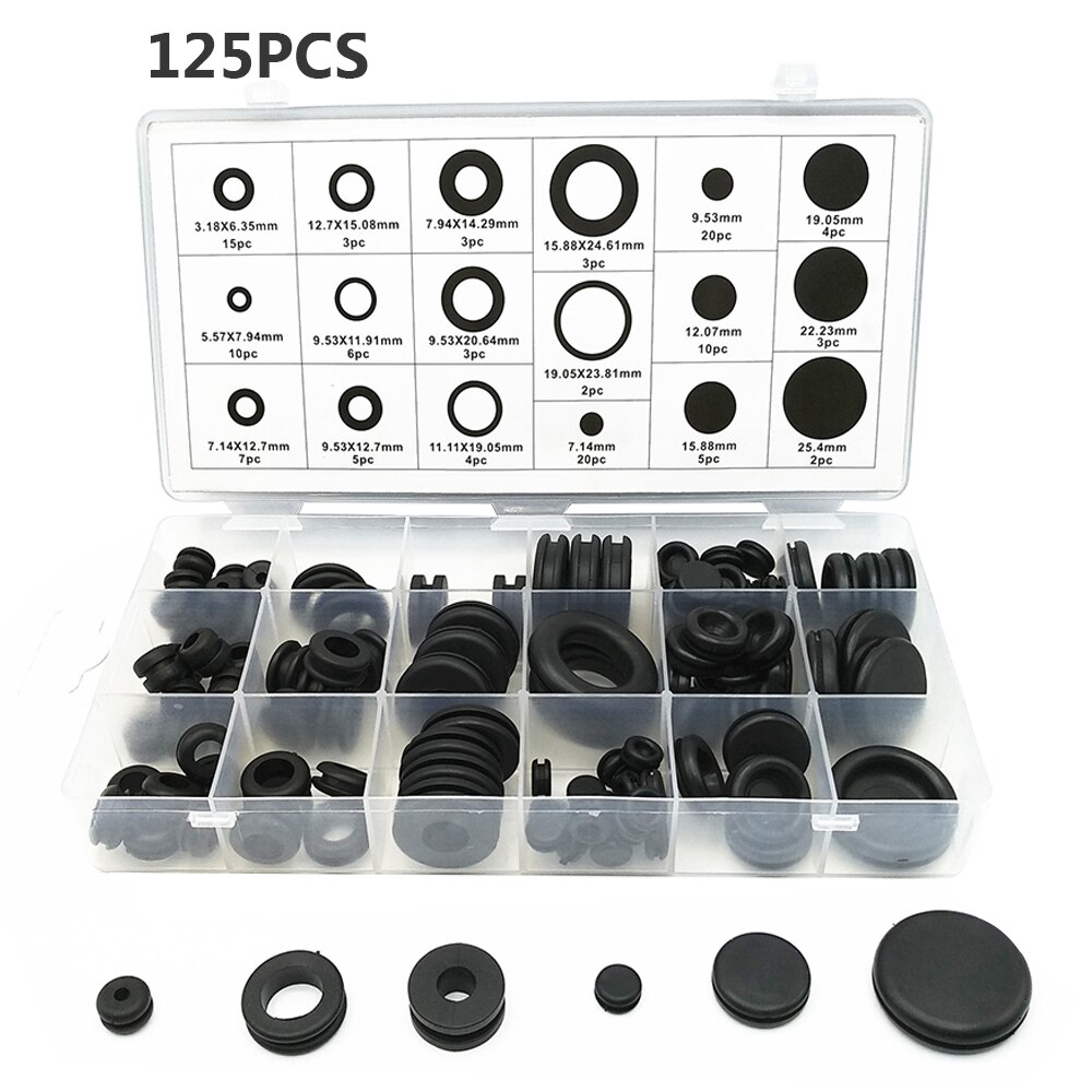 125pcs Waterproof Protect Wire Tool 18 Sizes Set Sealing Rubber Cables Grommet Kit Electrical Plugs Conductor Gasket Ring#