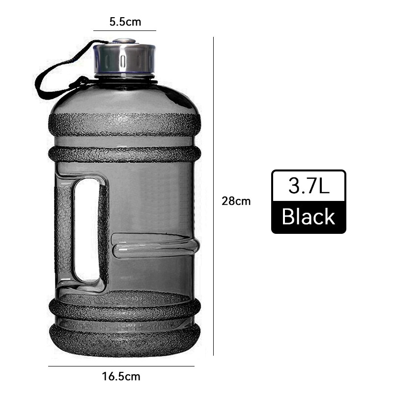 3700ml store vannflaske shaker flaske med håndtak utendørs fitness løpe gym trening plast sports vannflasker: Svart 3.7l