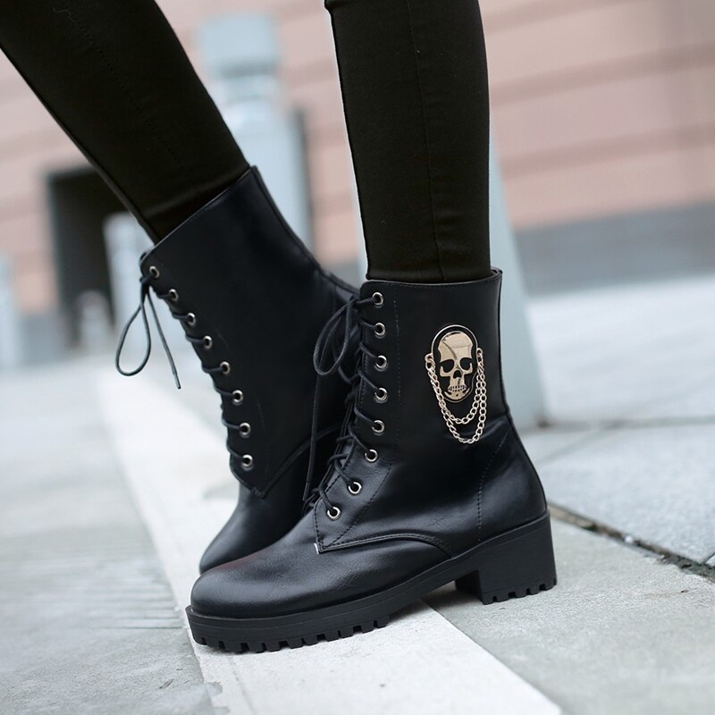 Morazora Enkellaarsjes Voor Vrouwen Schedel Street Lace Up Platform Vrouwen Laarzen Mode Dames Herfst Winter laarzen Schoen