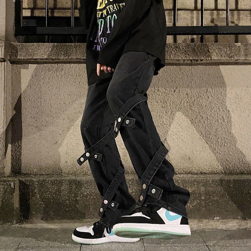 HOUZHOU – Jean gothique pour homme, pantalon en Denim, style Punk, noir, Hip Hop, Streetwear, avec rubans japonais