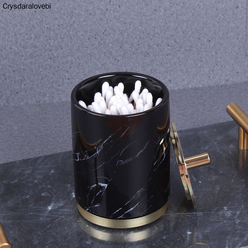 Mármol de cerámica caja de almacenamiento de algodón organizador de hisopo casa palillo titular de oro de lujo de baño recipiente para algodones con tapa