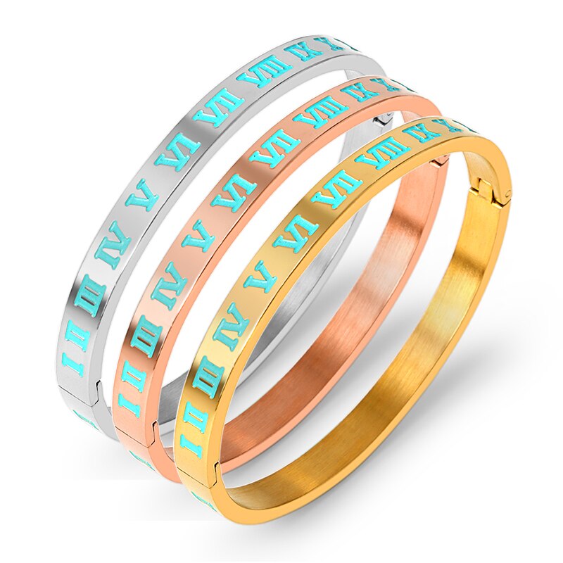 Luxe Blauw Emaille Armbanden Voor Vrouwen Romeinse Brief Sliver Gouden Armbanden Rvs Pulseiras Sieraden