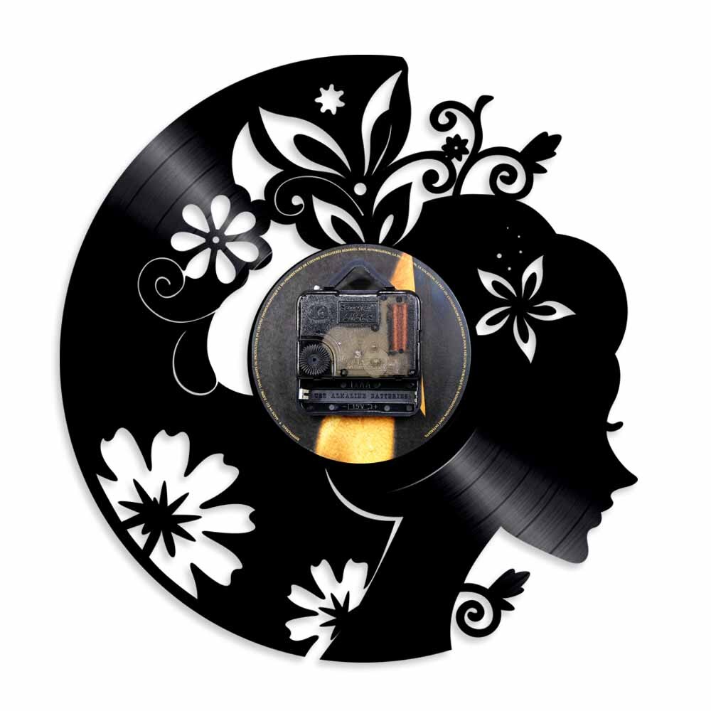 Beauty Girl Vinyl Record Wall Clock Beautiful Lady With Flower Time Clocks Watch LED Black Light Modern Home Decor Unique
