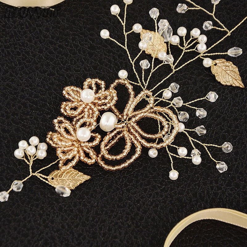Cinta para la cabeza de para boda, accesorios de boda con cuentas, flores doradas y cinturón de perlas para vestido de mujer, Cinturón fino para