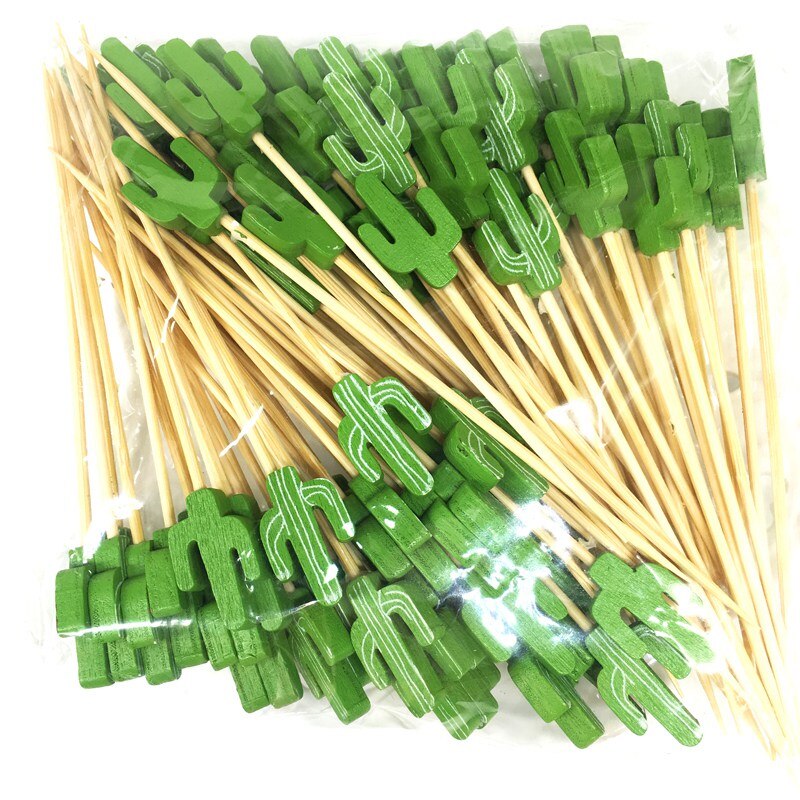 100 st flamingo bambu hackor ananas kaktus blad cupcake frukt gaffel dessert sallad stick cocktail spett för fest dekoration: Kaktus