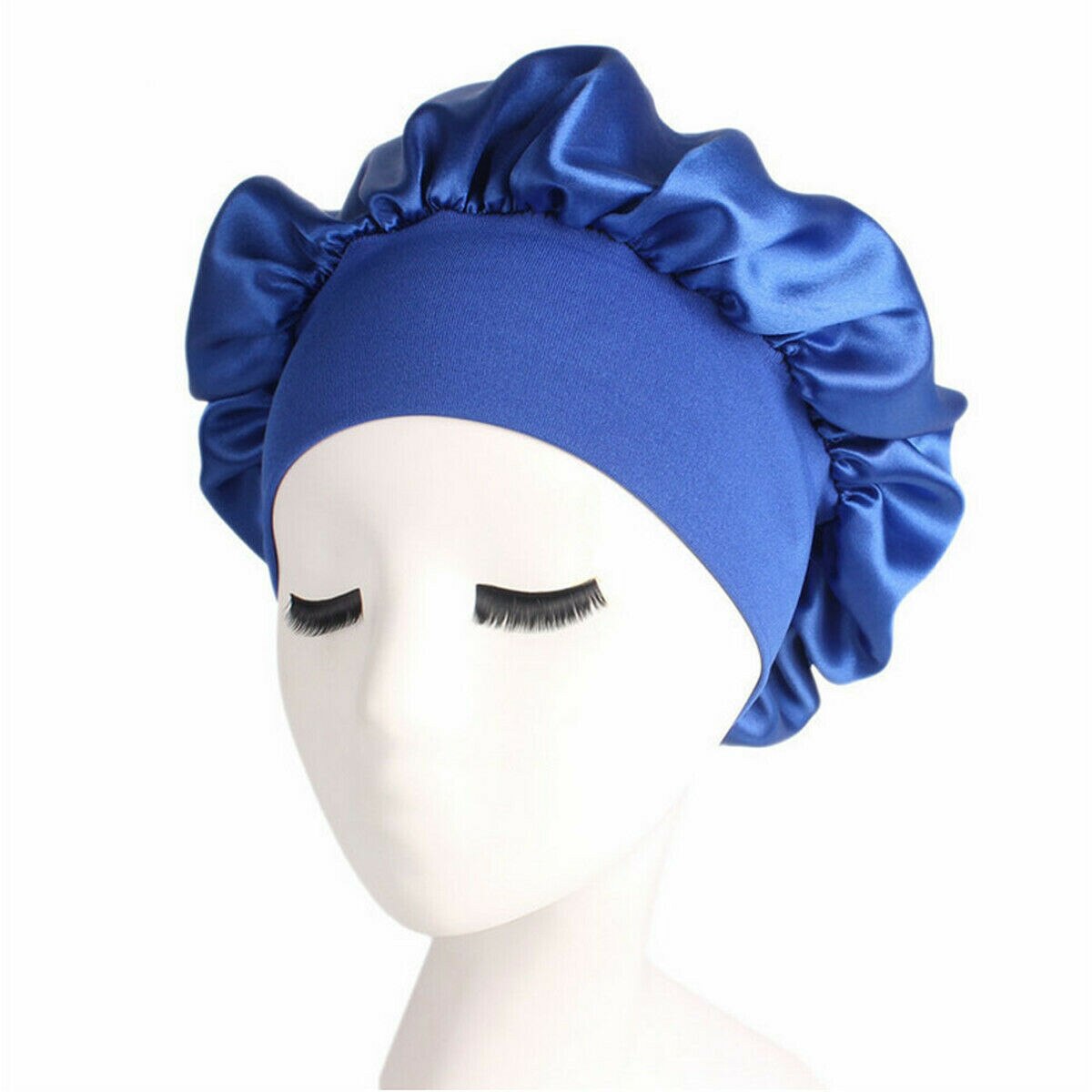 Silk Satin Night Sleep Cap Hair Bonnet Hat Head Cover Wide Band Adjust Elastic Hats For Household Fashionable Pure Supplies: Blue