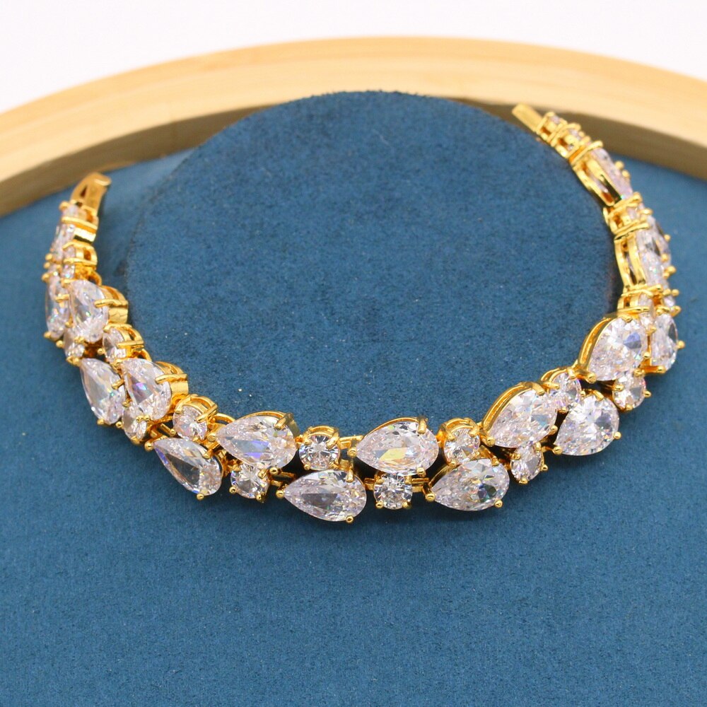 Luxe Wit Zirconia Gouden Kleur Sieraden Sets Voor Vrouwen Bruiloft Armband Stud Oorbellen Ketting Ring Box