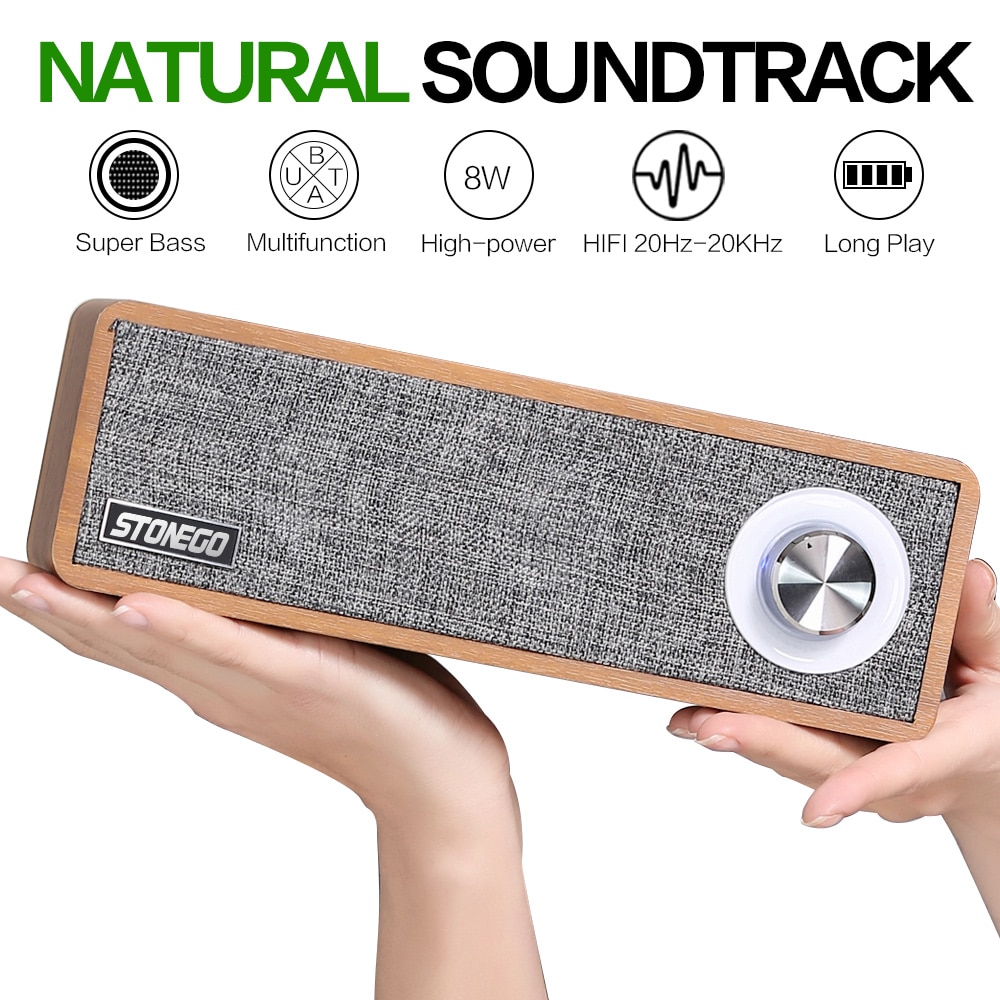 STONEGO Handmade Oak Wood Portable Bluetooth Speaker, Bluetooth 4.2 Wireless Speakers with Multifunctional Knob LED Indicator
