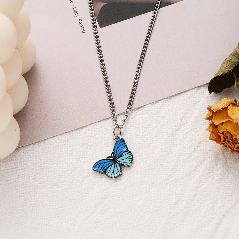Koreańska, niebieska gradientowa motyl naszyjnik dla kobiet dziewczyn kolor srebrny motyle wisiorek choker naszyjniki biżuteria prezent hurtownia: E