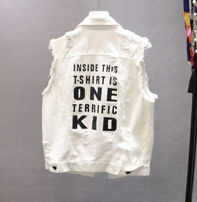 Chaleco vaquero de verano , chaleco de Mujer blanco puro con letras, chaleco de agujeros, chaqueta vaquera salvaje de primavera Para Mujer, chaleco de Para Mujer: White Letter Vest / S