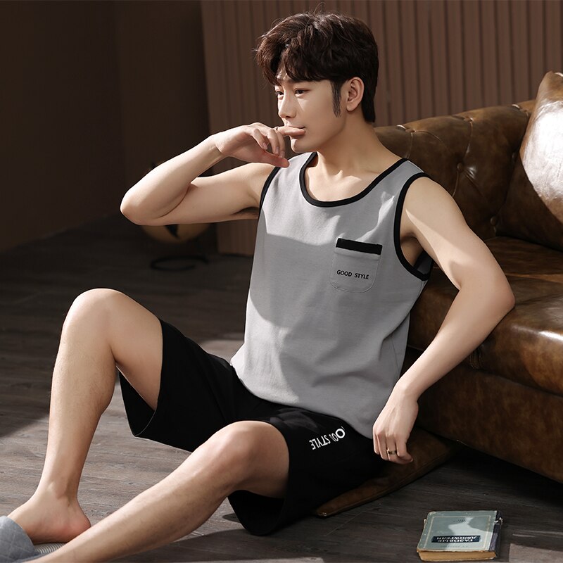 Summer Pajama Knitted Cotton Men Sleepwear Vest Pajamas Set Sleeveless Round Neck Loose Soft L-4XL Men&#39;s Clothing