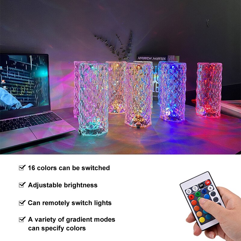 Kristallen Tafel Lamp Rose Licht Projector 16 Kleuren Verstelbare Romantische Diamant Sfeer Licht Usb Slaapkamer Touch Nachtlampje