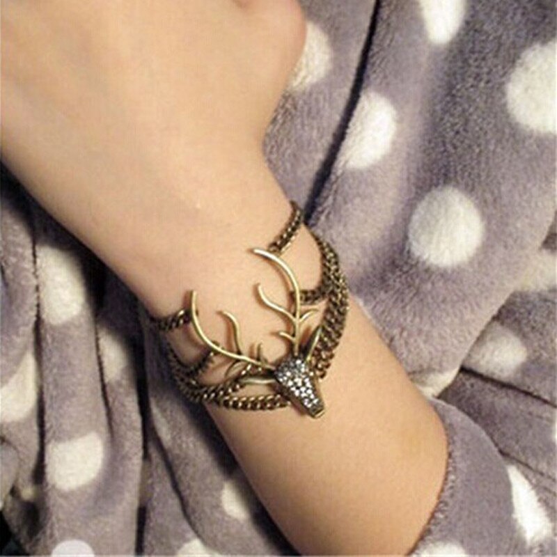 Pulsera de cabeza de ciervo estilo Retro Vintage, pulsera para Mujer, joyería, para Mujer, Pulseras #4j04