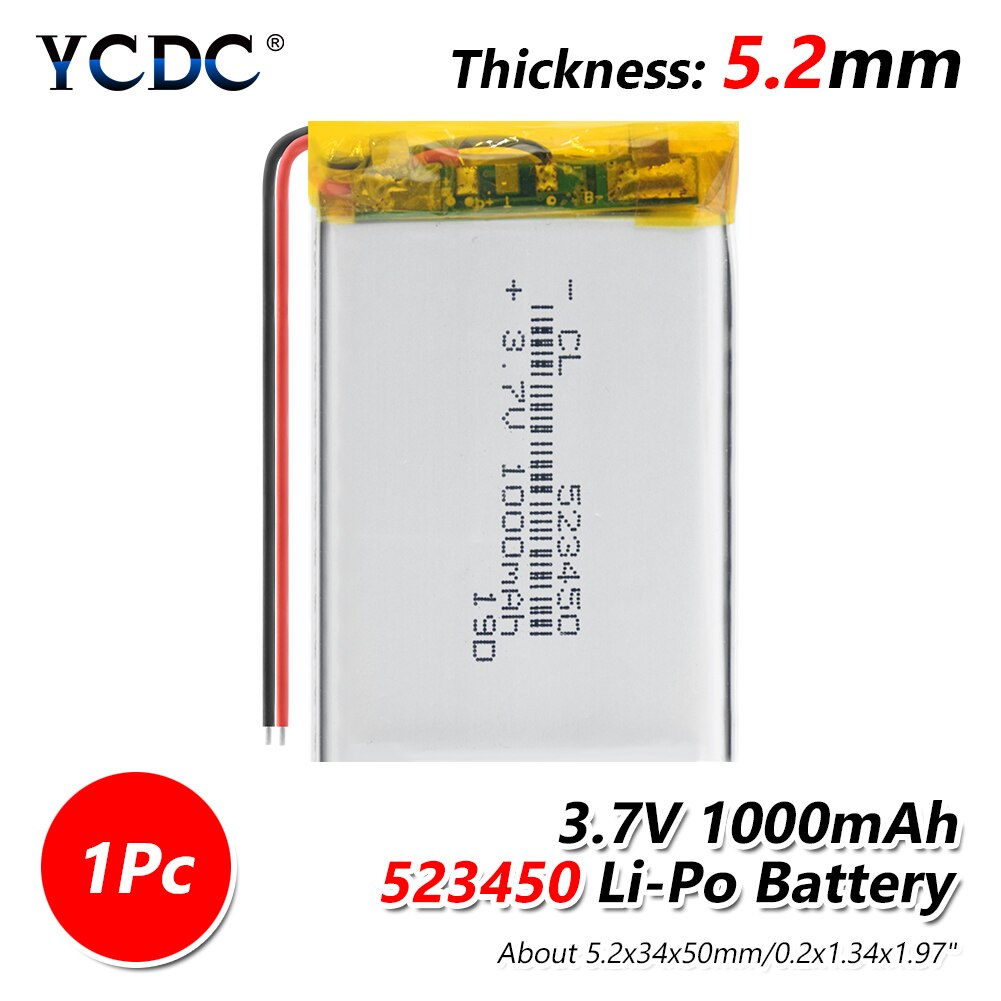 Batería Lipo para MP3 y MP4, recargable vía Baterías de polímero de litio, de 2/4 mAh, 523450 V, 1000mAh, duradera, de 3,7 mAh, 1/1000 Uds.: 1 piece