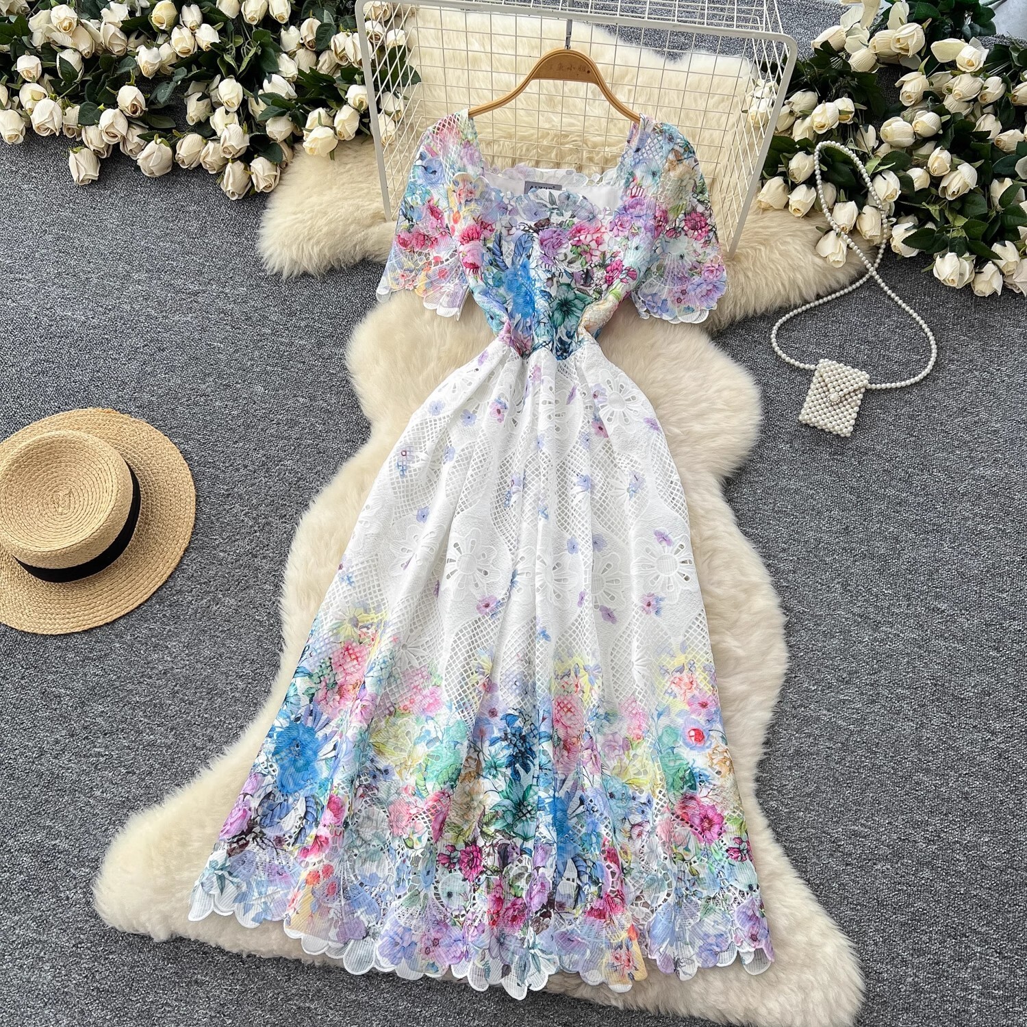 Blomsterbroderi udhulet blonde aftenkjoler kvinder sommer korte ærmer prinsesse retro midi lang festkjole gradient: Xxl / Turkis