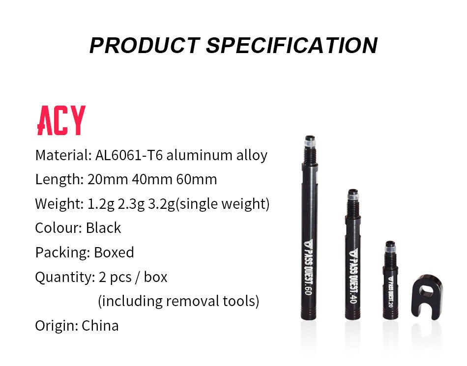 2 Stuks Pass Quest Road Fiets Klep Uitbreiding Bike Vacuüm Velg Tubeless Vacuüm Nozzle Extension Nozzle 20/40/60Mm