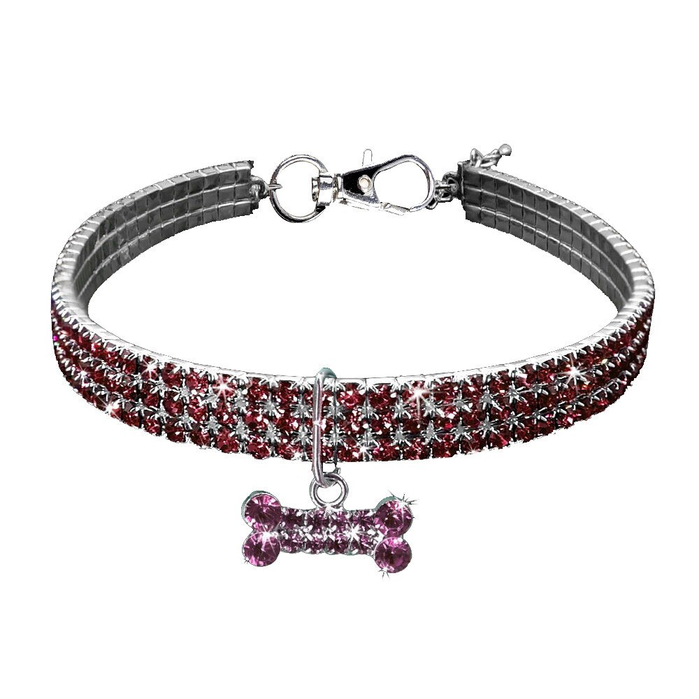 Collares bonitos para perros de compañía, Mini collares ostentosos con diamantes de imitación, collar para perro, hueso de perro, suministros para mascota de diamantes: Rosa / S