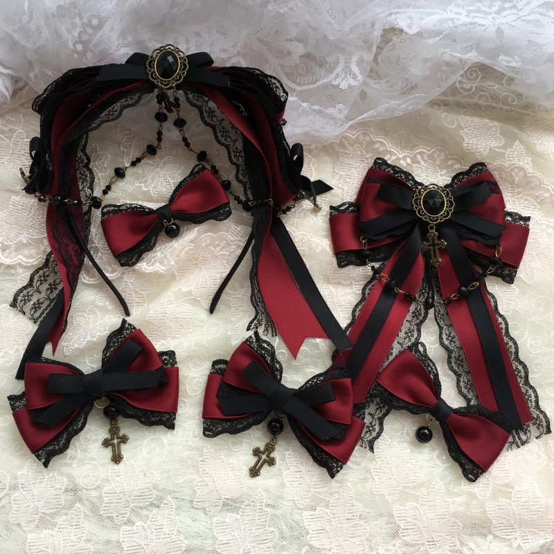 Originele Lolita Kc Haaraccessoires Gothic Wind Rode Diablo Black Lace Trim Strik Vintage Prachtige Parel Ketting Kruis Hoofdtooi
