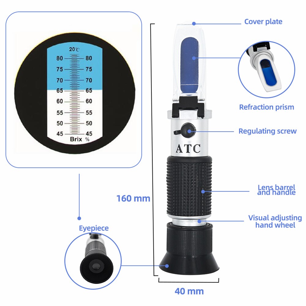 Brix Meter Refractometer Hand Held 45-82% Sugar Honey Minimum Division 0.5%Brix Content Fruit Juice Liquids ATC Refractometer