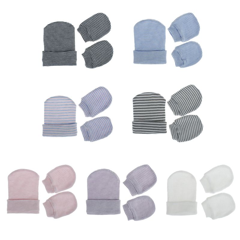2Pcs Baby Anti Scratching Cotton Gloves Single Layer Hat Set Mittens Cap Kits GXMB