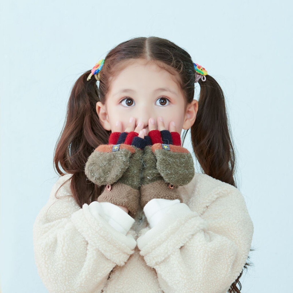 Unisex Warm Soft Kid Winter Convertible Flip Top Fingerless Gloves Kids gloves (6-10years)
