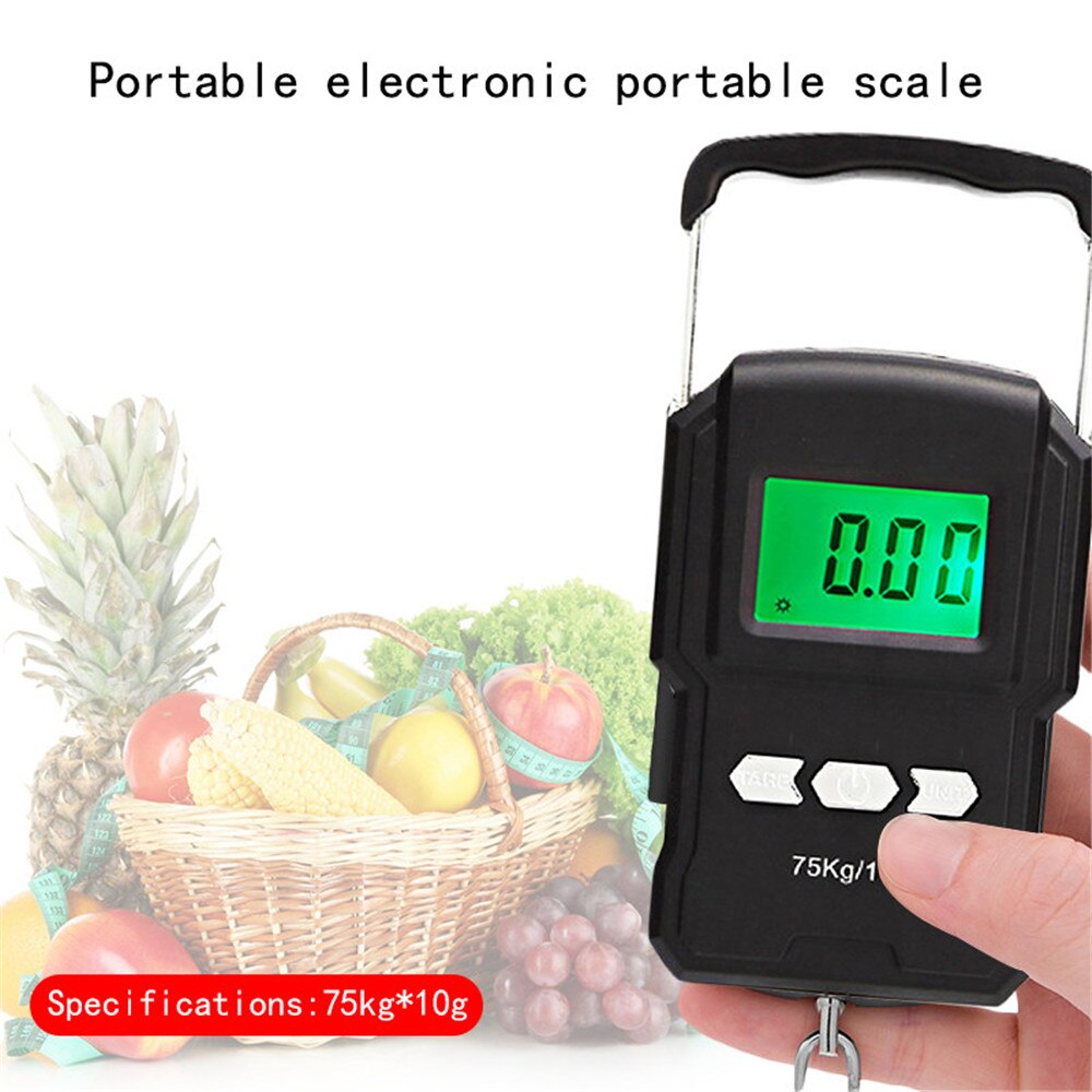 Báscula electrónica de 75Kg/10g, 50Kg/5g, LCD Digital, gancho para colgar pantalla, escala con cinta medidora para viajes de pesca